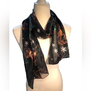 Black scarf with mistletoe, snowflakes, and reindeer